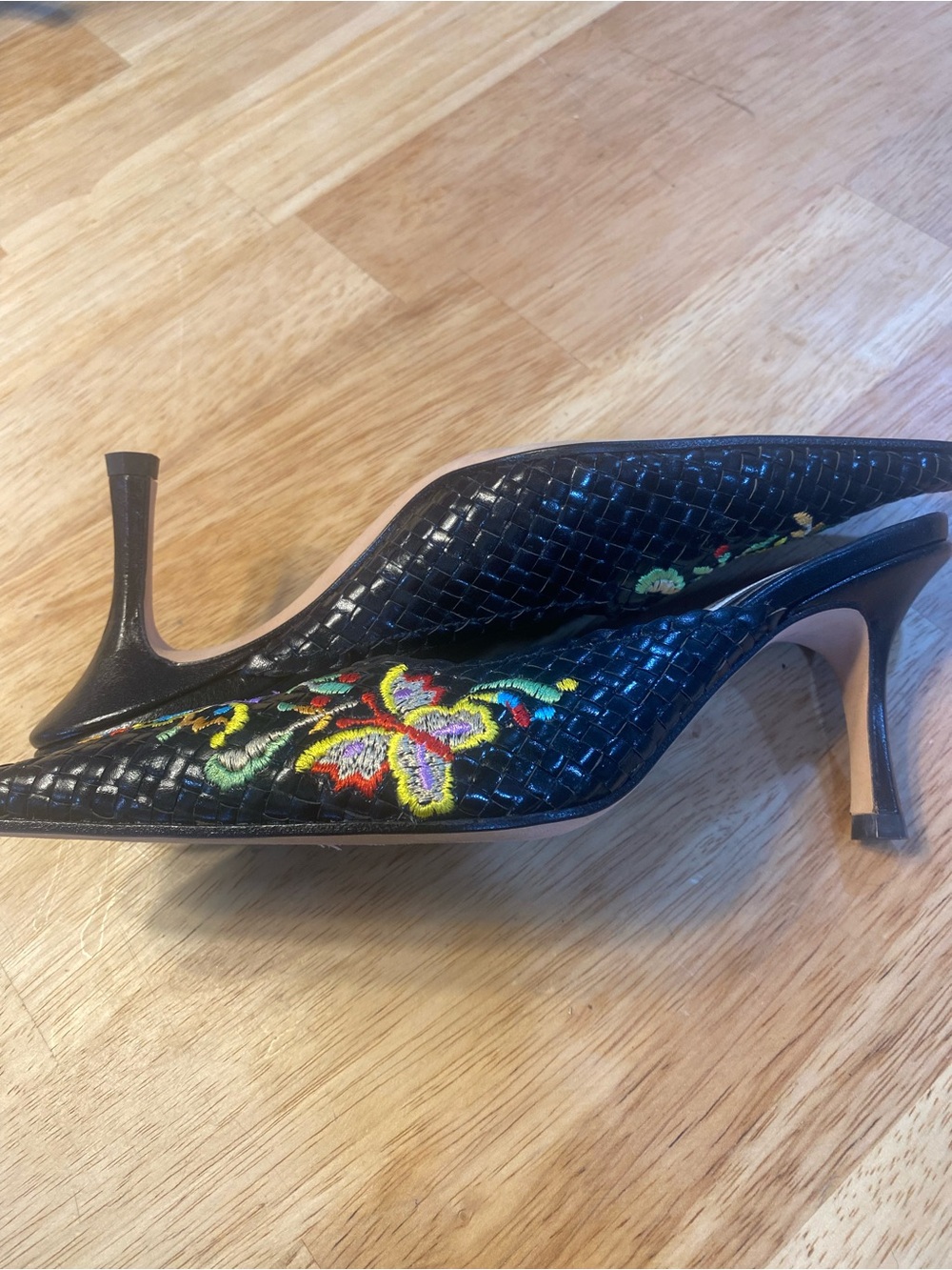 Vintage Sacha London Black Leather Embroidered Pointed Mule Kitten Heels - Picture 8 of 8